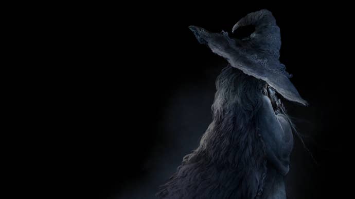 Artwork of Ranni, a key character in Elden Ring, with her back turned and her hat covering her face.