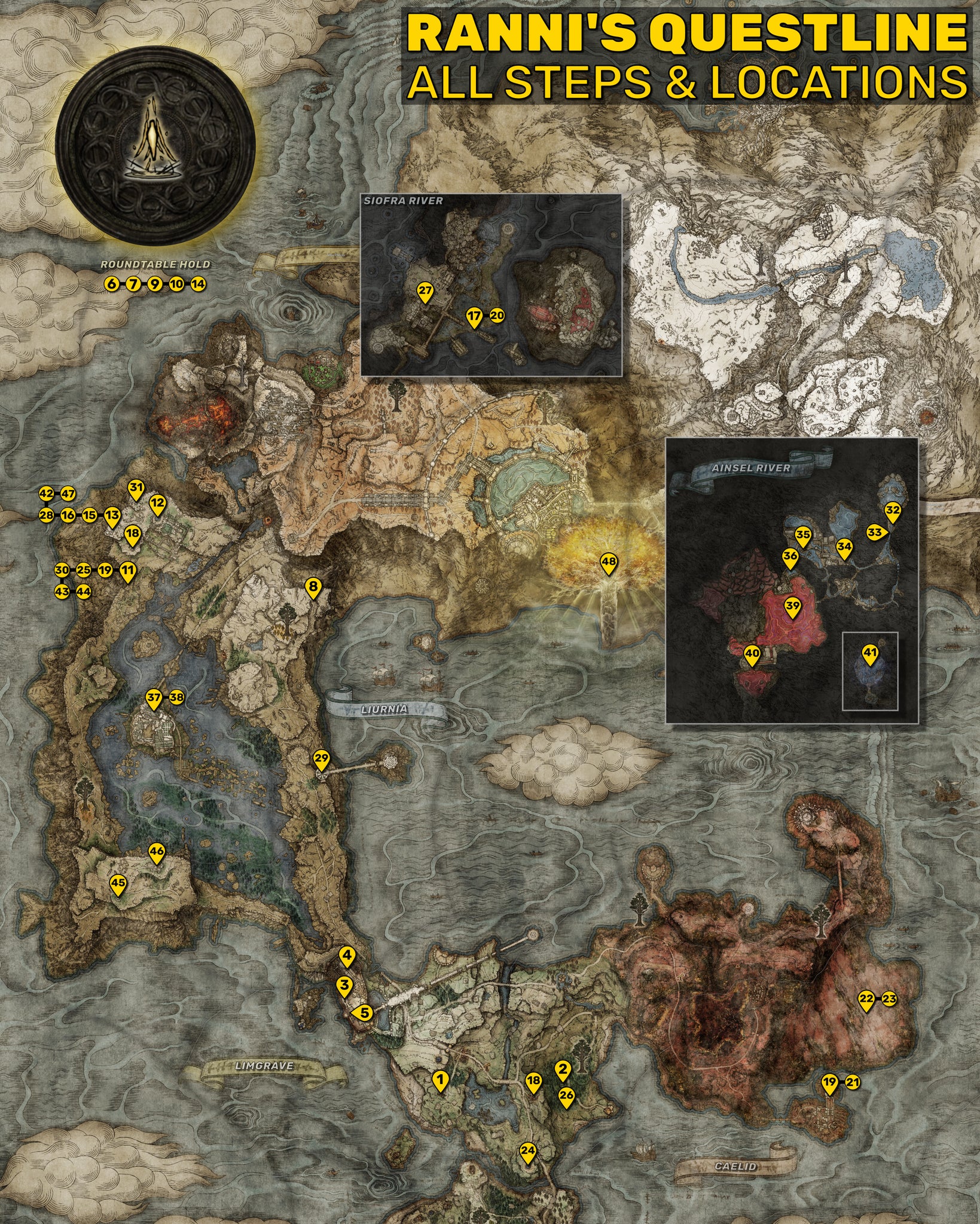 Part of the Elden Ring map covering Limgrave, Liurnia, Caelid, Ainsel River, and Siofra River. The various locations of each step of Ranni's questline are marked with yellow numbered markers. - 3