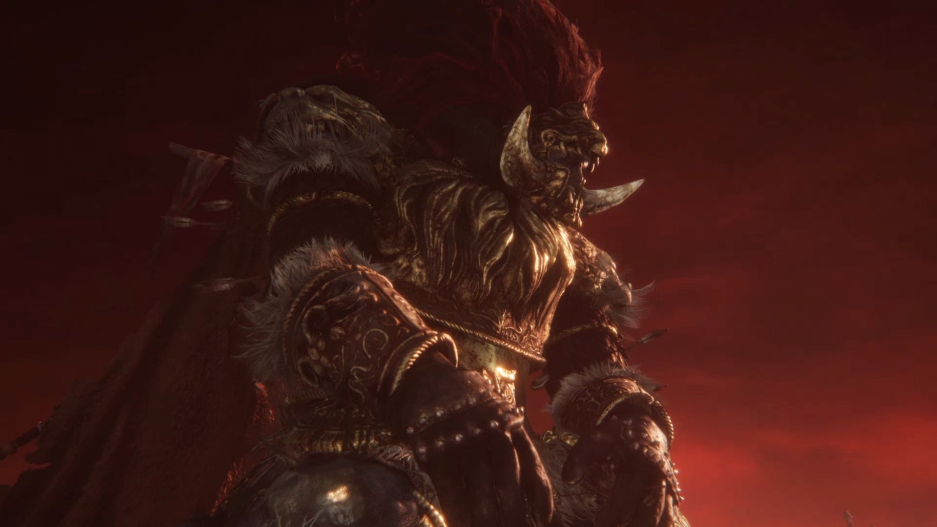 A screenshot from a cutscene in Elden Ring depicting General Radahn against a red sky. - 28