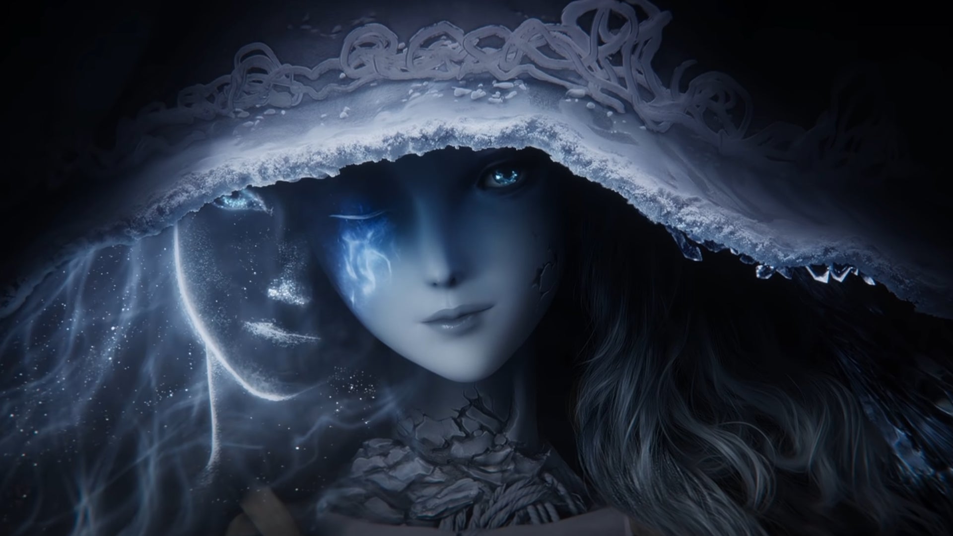 A close-up of the face of Ranni, an important NPC character, from the Elden Ring story trailer. - 1