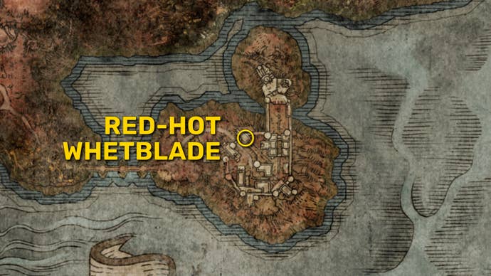Part of the Elden Ring map, with the location of the Red-Hot Whetblade marked with a yellow circle.
