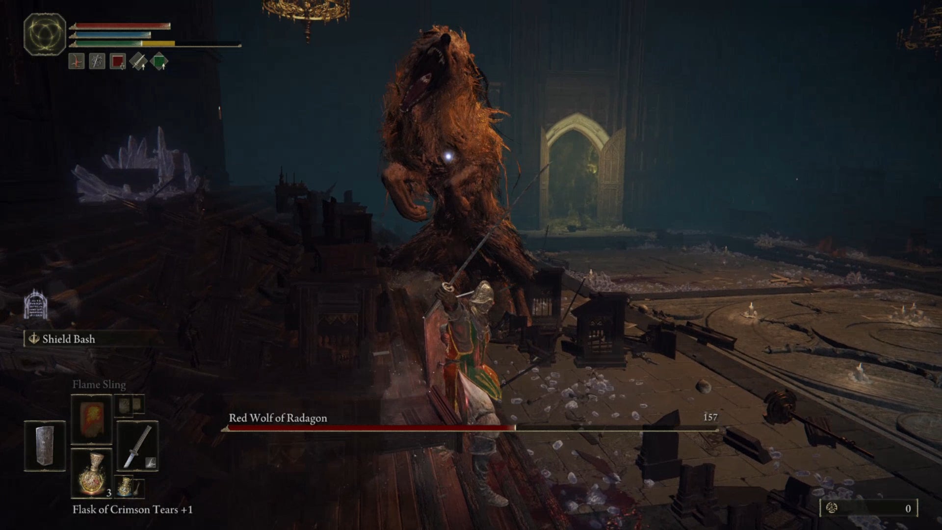 The Red Wolf of Radagon, a boss in Elden Ring, rears up on its hind legs before the player. - 13