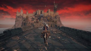 A warrior approaches Redmane Castle on horseback in Elden Ring