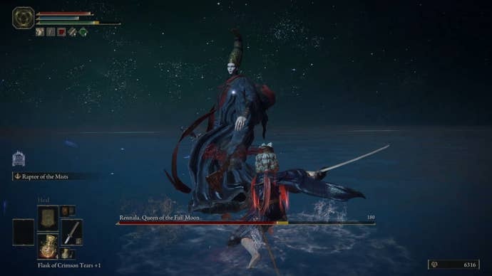 A screenshot from the second phase of the Rennala boss fight in Elden Ring. The player crouches and slashes with a katana towards Rennala.