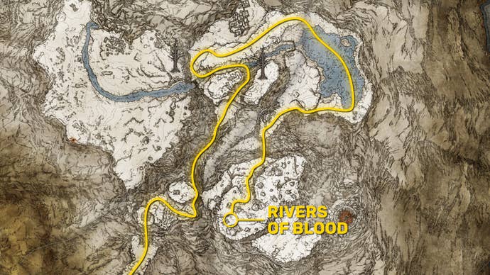 Part of the map of the Mountaintops Of The Giants in Elden Ring, with the path to the Rivers Of Blood Katana highlighted in yellow.