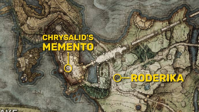 Part of the Elden Ring map of Stormhill and Stormveil Castle, with the locations of Roderika and the Chrysalid’s Memento highlighted in yellow.