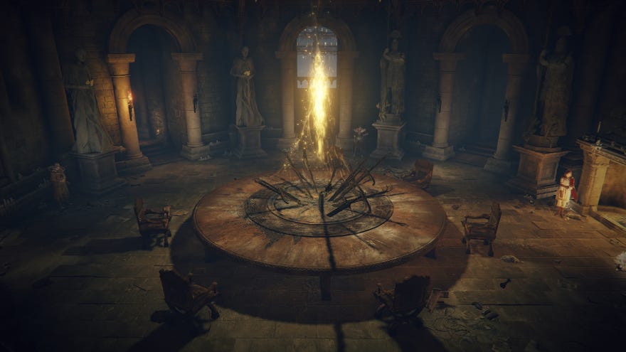 An establishing shot of the Roundtable Hold in Elden Ring, with the Roundtable itself in the centre.