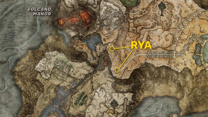 Part of the Elden Ring map of Altus Plateau, with the two possible locations where Rya can appear highlighted in yellow.