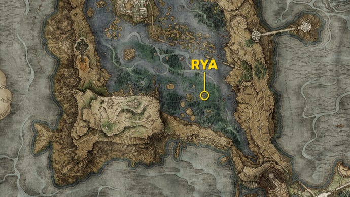 Part of the Elden Ring map of southern Liurnia, with the location of Rya The Scout highlighted in yellow.