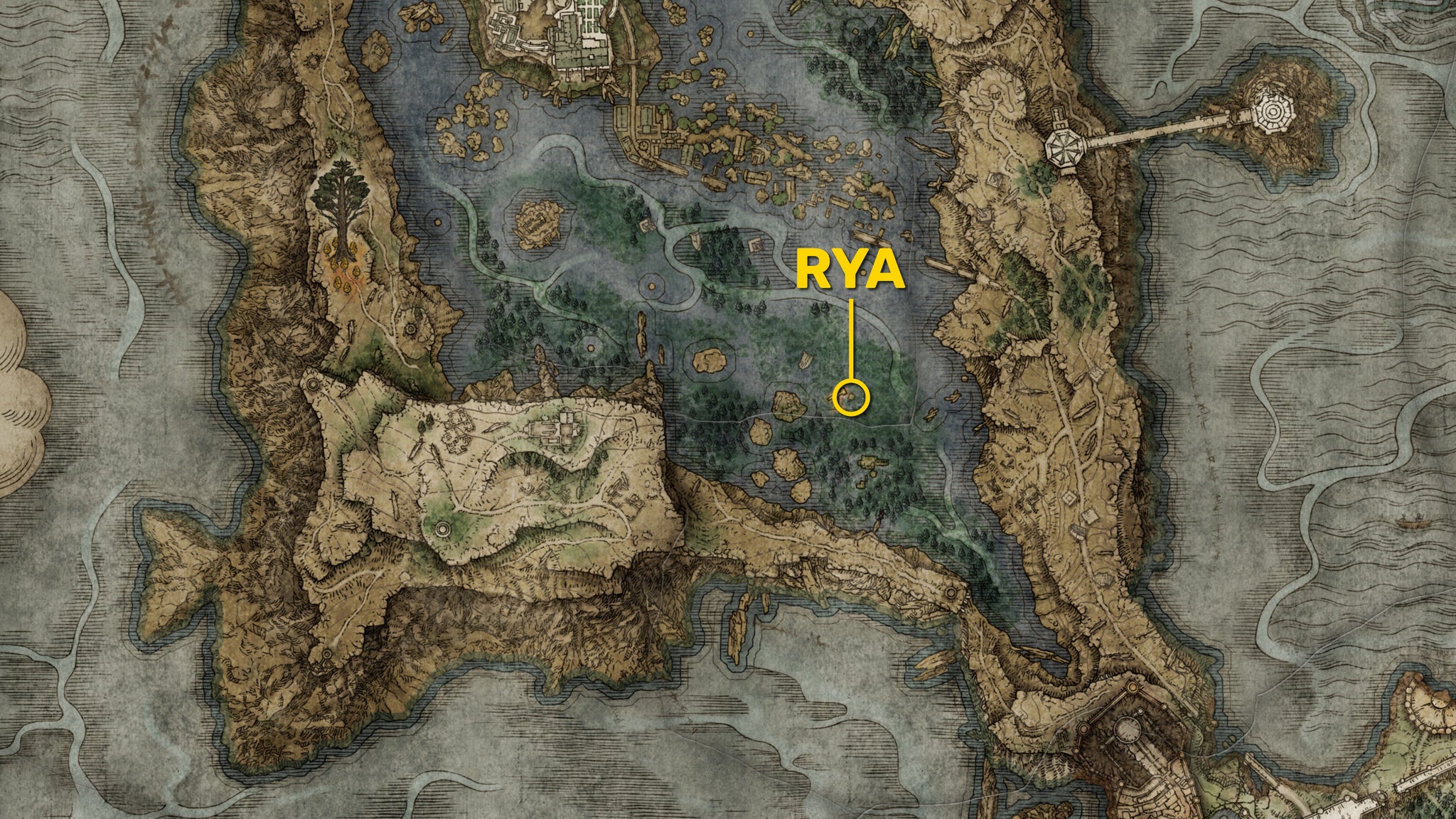 Part of the Elden Ring map of southern Liurnia, with the location of Rya The Scout highlighted in yellow. - 6