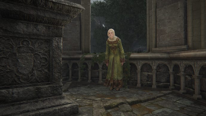 Rya The Scout, an NPC in Elden Ring, stands under a pavilion in Liurnia.