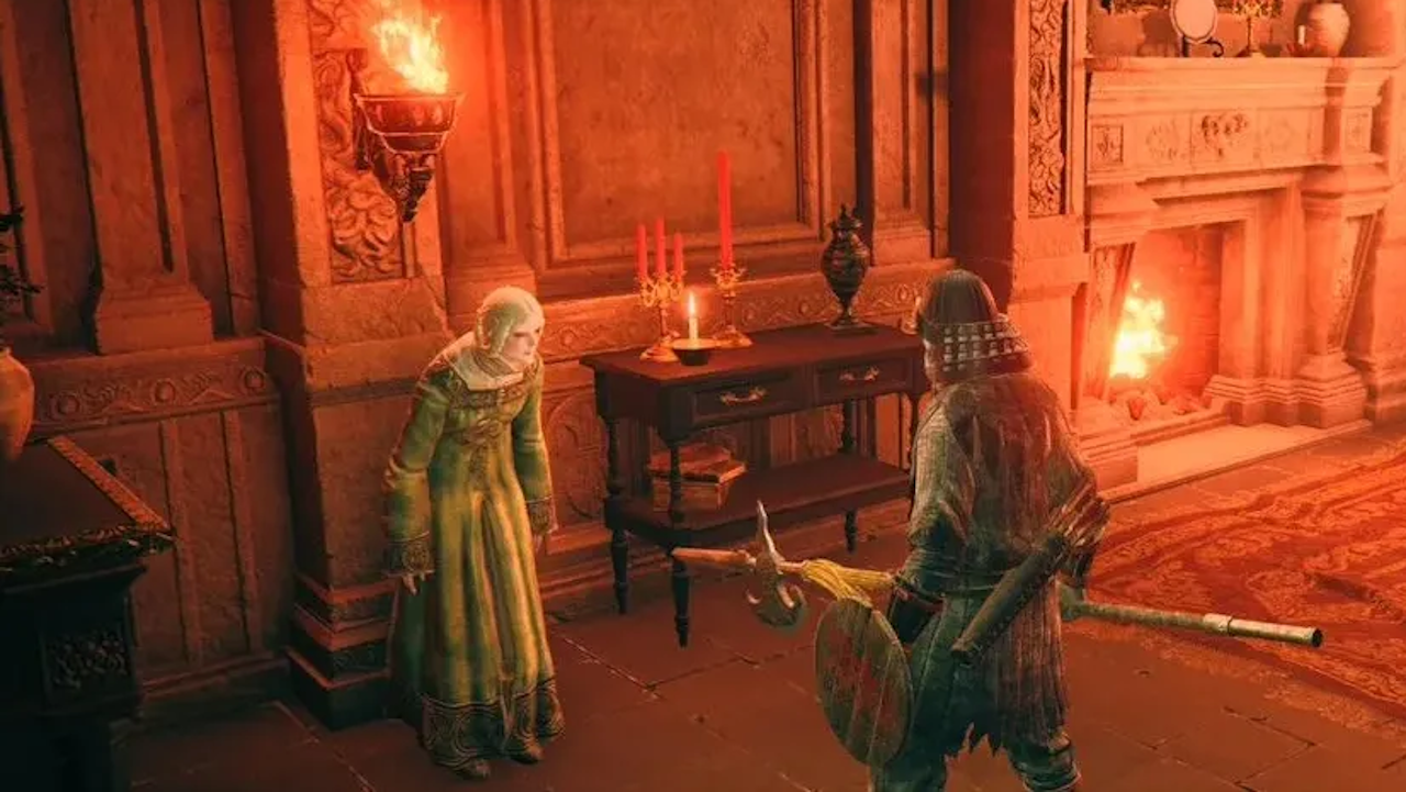A warrior approaches Rya inside Volcano Manor in Elden Ring