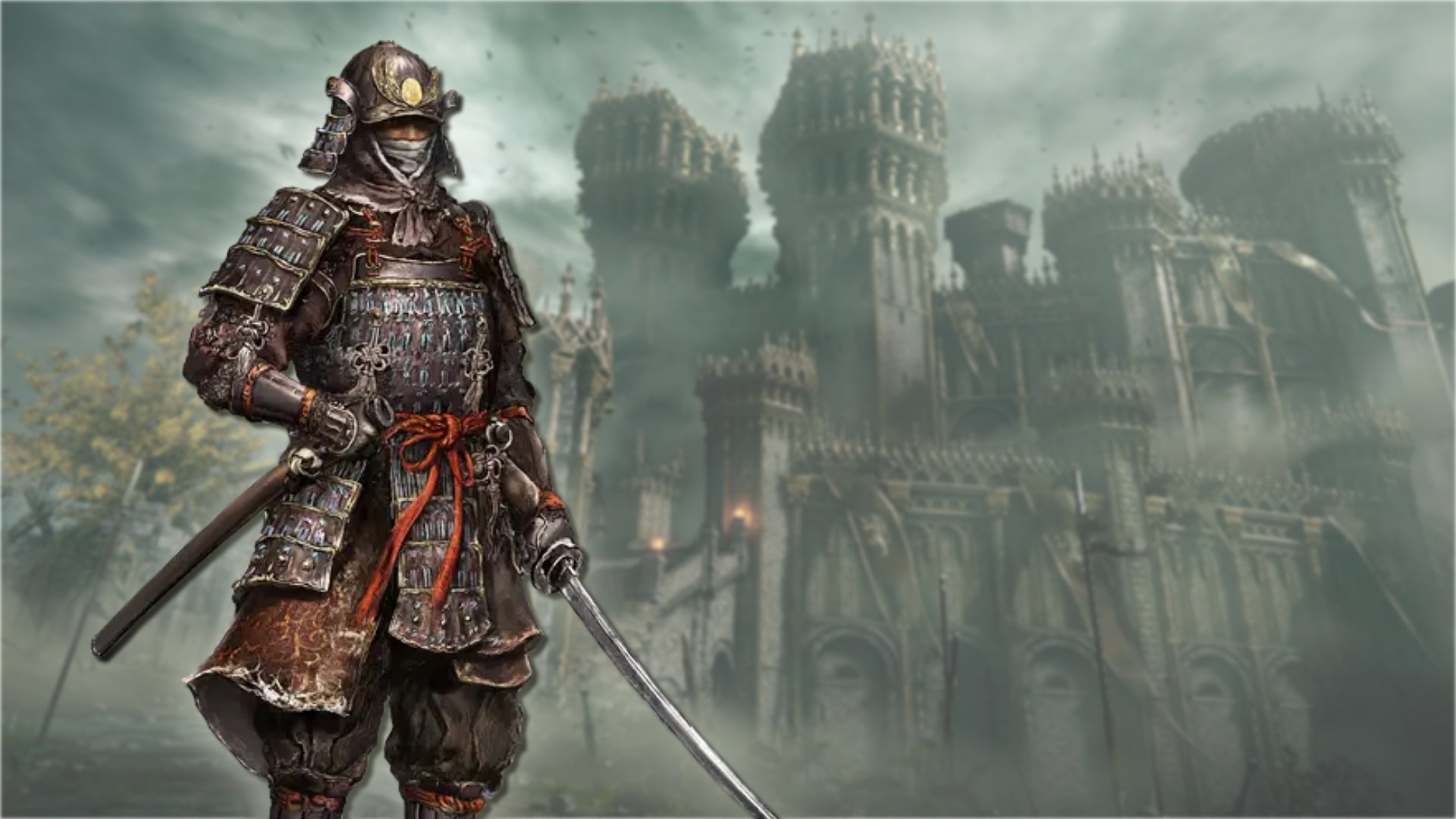 A portrait of the Samurai class in Elden Ring, against a gothic castle backdrop. - 8