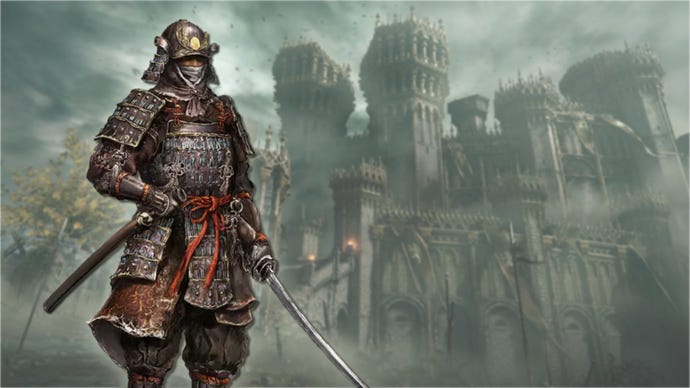 A portrait of the Samurai class in Elden Ring, against a gothic castle backdrop.