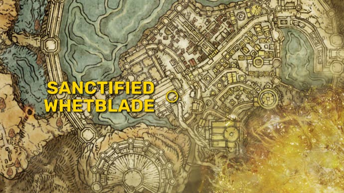 Part of the Elden Ring map, with the location of the Sanctified Whetblade marked with a yellow circle.