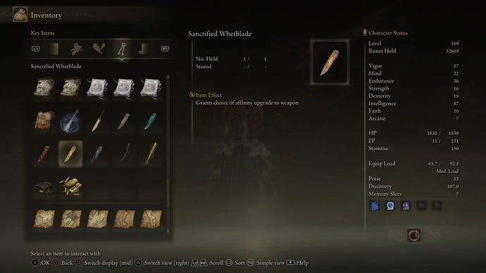 Screenshot of the Elden Ring item description menu, featuring the Sanctified Whetblade.