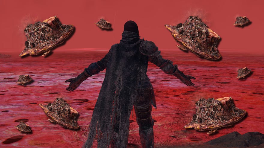 A player in Elden Ring stands in front of the Lake Of Rot. Images of the Rot Grease item icon are superimposed over the screenshot.