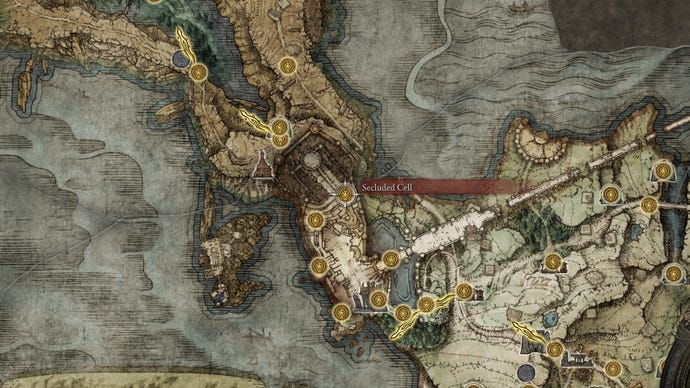 Part of the Elden Ring map, with the location of the Secluded Cell in Stormveil Castle marked.