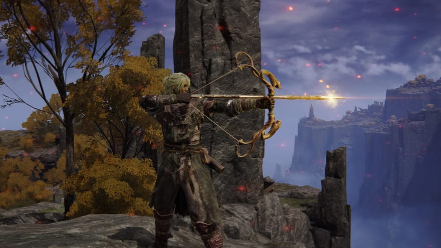 Screenshot of the Tarnished wielding the Serpent Bow in Elden Ring.