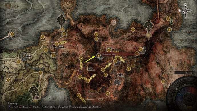 Capture d'écran de l'emplacement de la carte Serpent Bow dans Elden Ring.