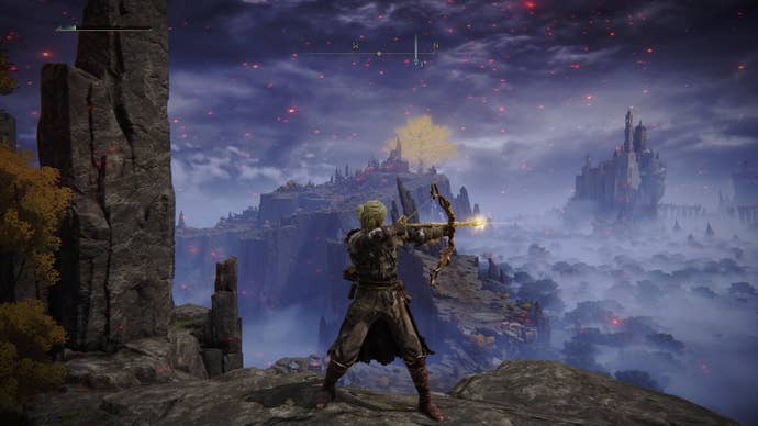 Screenshot of the Tarnished wielding the Serpent Bow in Elden Ring.