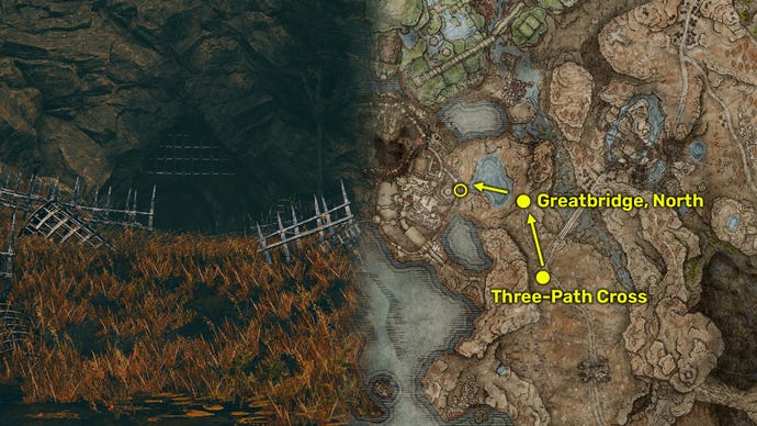 Outside view (left) and map image (right) of the Belurat Gaol location in Elden Ring: Shadow Of The Erdtree.