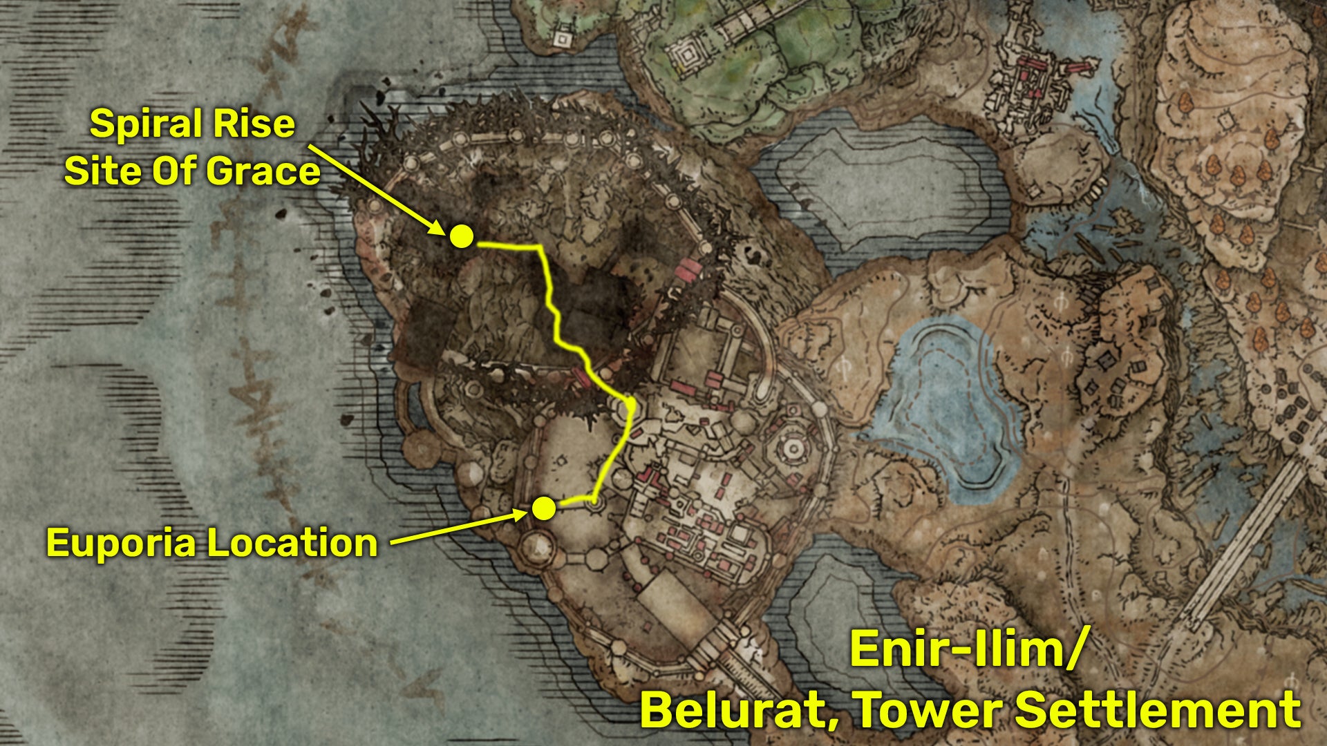 Elden Ring: Shadow Of The Erdtree screenshot of the Euporia map location and the route to take through Enir-Ilim.