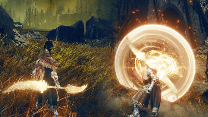 Elden Ring: Shadow Of The Erdtree screenshot of the Tarnished using the Euporia Weapon Skill near the Moorth Ruins.
