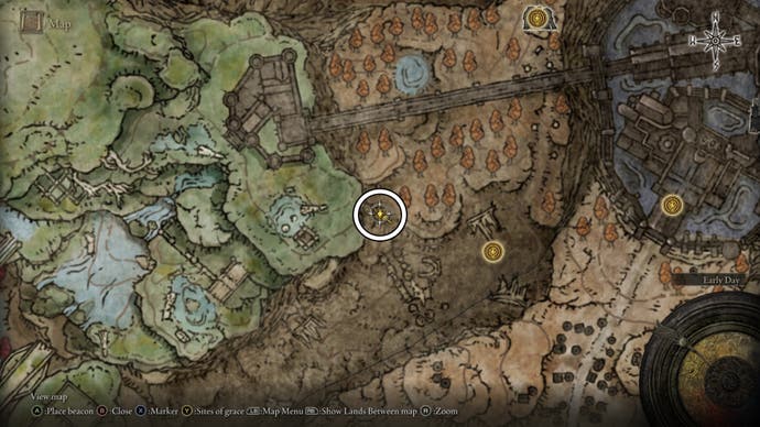 A map screen showing the location of the Pearl Shield Talisman location in Shadow of the Erdtree.