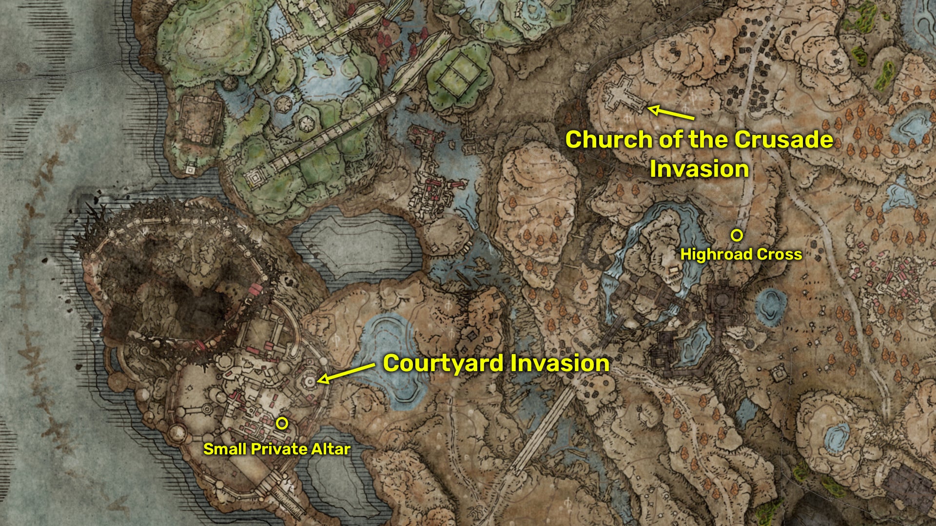 Elden Ring: Shadow Of The Erdtree map image of the different spawn points of Fire Knight Queelign in the Land of Shadow. - 3