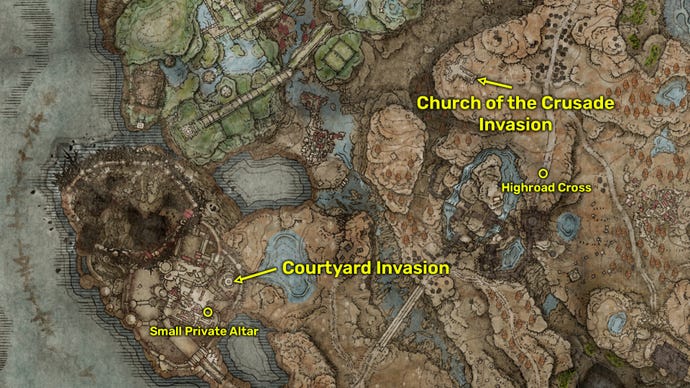Elden Ring: Shadow Of The Erdtree map image of the different spawn points of Fire Knight Queelign in the Land of Shadow.