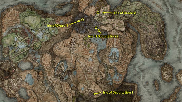 Elden Ring: Shadow Of The Erdtree map image of the different places you can find an Iris in the game.