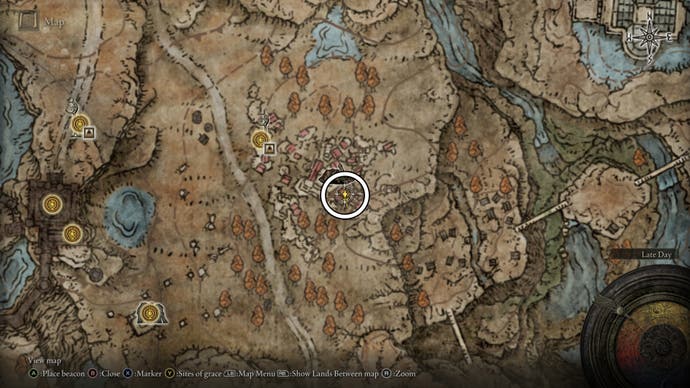 A map screen in Shadow of the Erdtree showing the Shattered Stone Talisman location