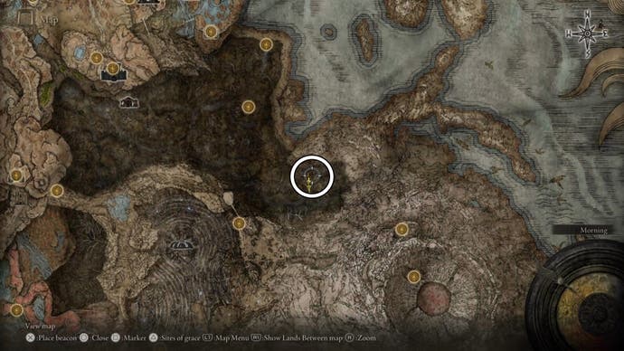 A map screen from Shadow of the Erdtree showing the marked location of the Abyss map fragment with a white circle.