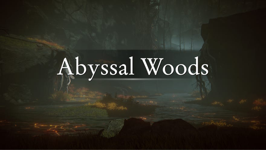 An establishing shot of the landscape of the Abyssal Woods region in Elden Ring: Shadow Of The Erdtree. The words “Abyssal Woods” are superimposed over the top.
