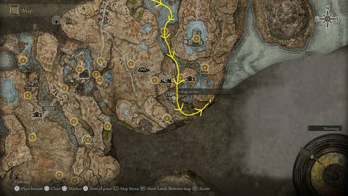 A map screen showing the route to the Abyssal Woods in Elden Ring Shadow of the Erdtree.