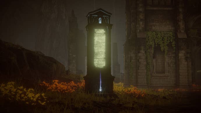 Elden Ring: Shadow Of The Erdtree screenshot of the Abyssal Woods and overlooking the monument which contains the region’s Map Fragment.