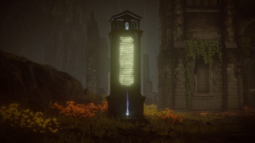 Elden Ring: Shadow Of The Erdtree screenshot of the Abyssal Woods and overlooking the monument which contains the region’s Map Fragment.