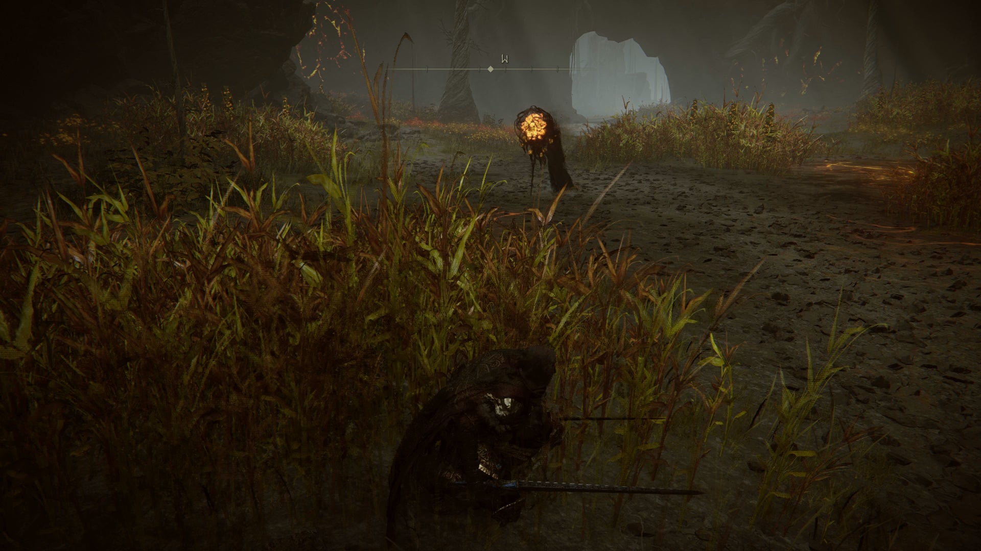 The Tarnished hiding in some bushes to sneak past a Wormface in the Abyssal Woods in Elden Ring Shadow of the Erdtree. - 15