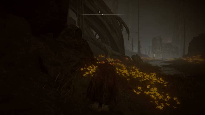 The Tarnished sneaking through a field of flowers in the Abyssal Woods in Elden Ring Shadow of the Erdtree.