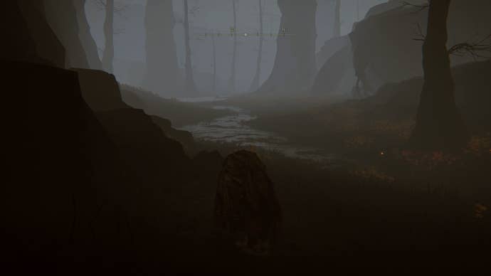The Tarnished walking down a small stream in the Abyssal Woods in Elden Ring Shadow of the Erdtree.