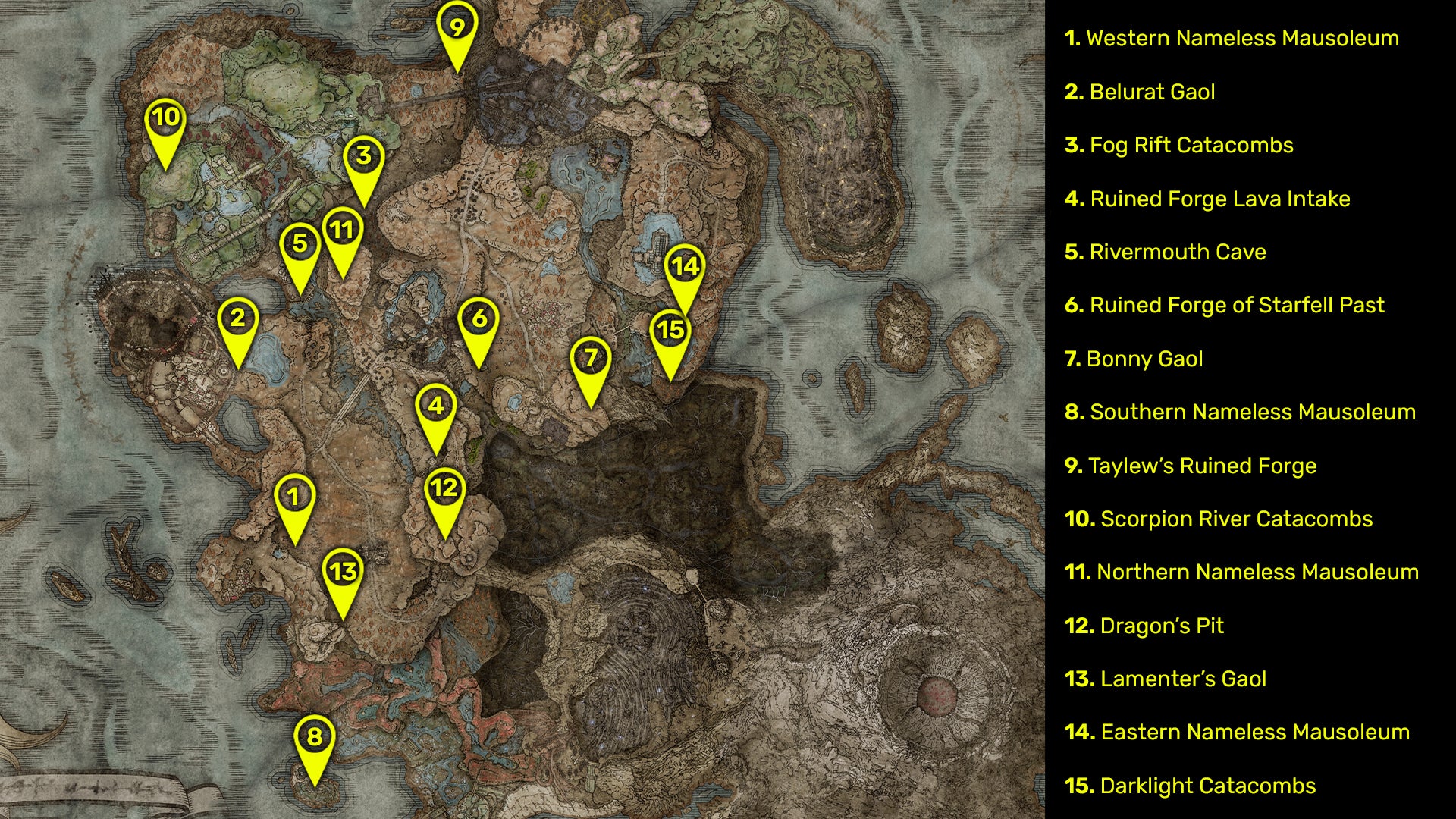 Elden Ring: Shadow Of The Erdtree map image of all known dungeon locations in the DLC. - 3