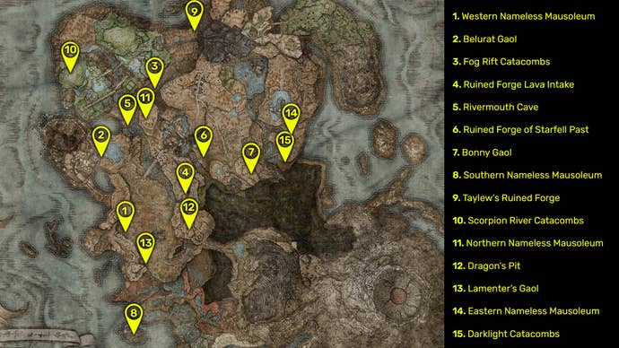 Elden Ring: Shadow Of The Erdtree map image of all known dungeon locations in the DLC.