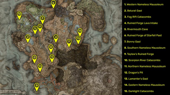 Elden Ring: Shadow Of The Erdtree map image of all known dungeon locations in the DLC.