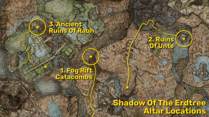 Part of the Elden Ring: Shadow Of The Erdtree map, with the locations of the three Altars Of Light And Dark highlighted in yellow, along with the paths required to get there.