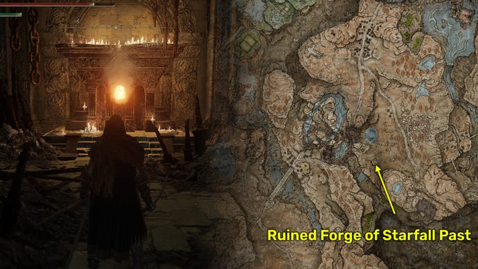 Elden Ring: Shadow Of The Erdtree screenshot of the Ancient Meteoric Ore Greatsword location in-game (left) and on the map (right).
