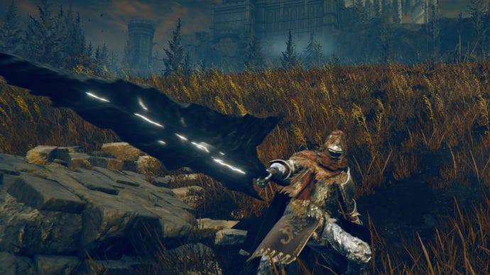 Elden Ring: Shadow Of The Erdtree screenshot of the Tarnished using the Ancient Meteoric Ore Greatsword Weapon Skill near the Moorth Ruins.