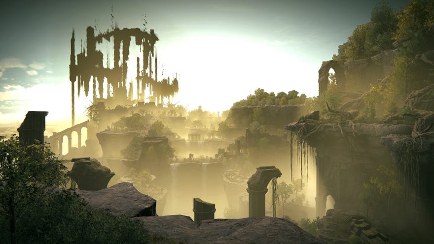 An establishing shot of the Ancient Ruins Of Rauh region in Elden Ring: Shadow Of The Erdtree, with Enir-Ilim visible in the distance.