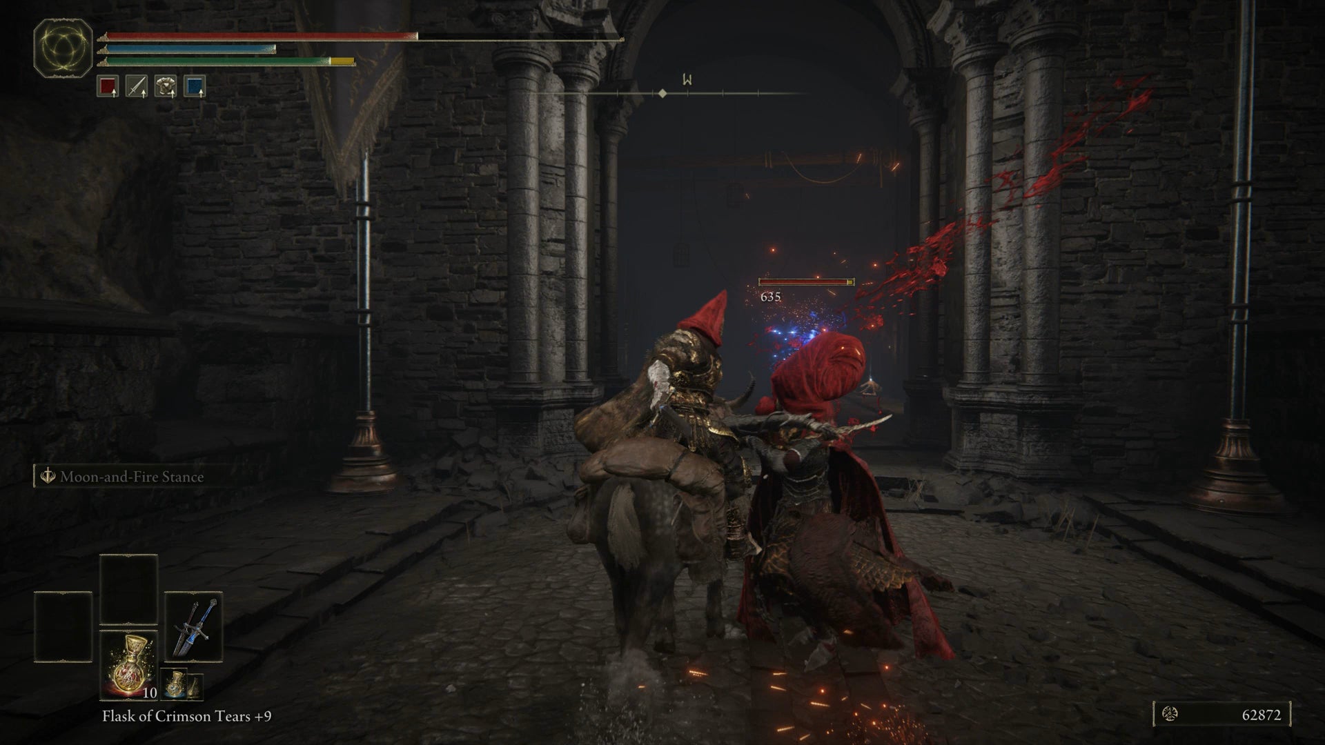 The Tarnished fighting a Fire Knight while riding their horse towards the Ancient Ruins of Rauh in Elden Ring Shadow of the Erdtree. - 4