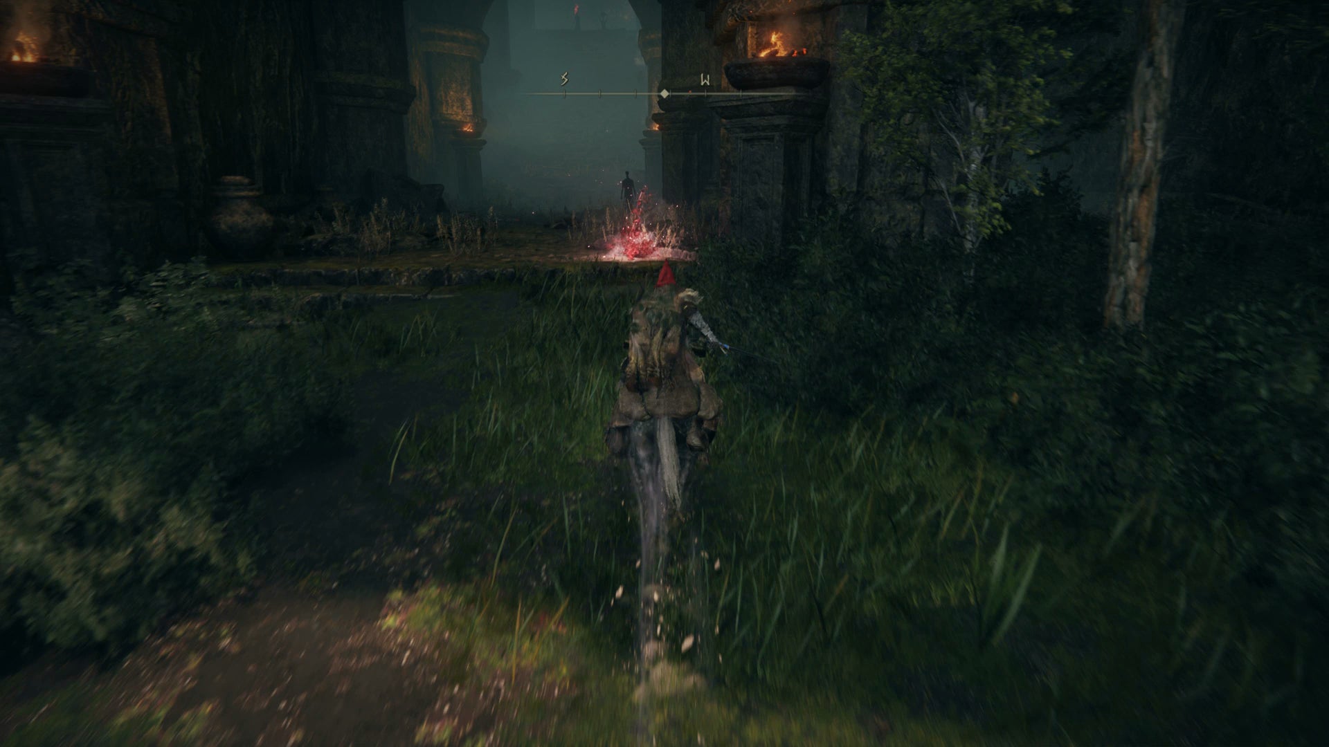 The Tarnished riding towards a temple in the Ancient Ruins of Rauh in Elden Ring Shadow of the Erdtree. - 13